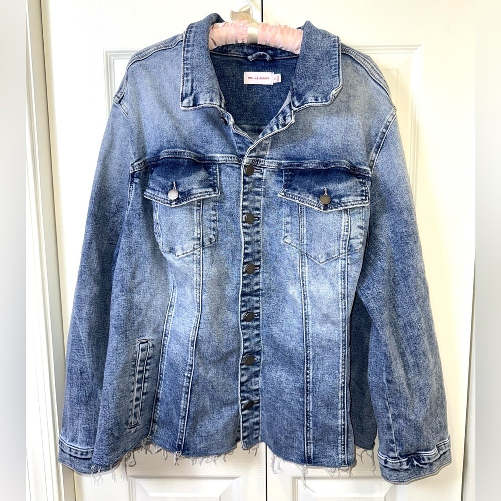 Molly & Isadora Acela Denim Jacket 3X Plus Size Raw Hem Button Front EUC